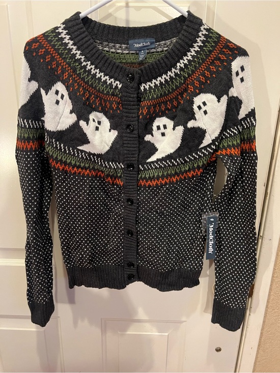 Modcloth Sweaters - ModCloth Black Cardigan with White Ghosts and Orange & Green Accents